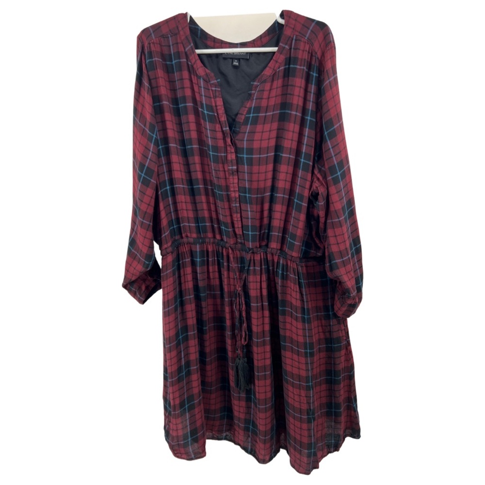 Lane Bryant plaid long sleeve fall casual office dress burgundy 28 plus winter